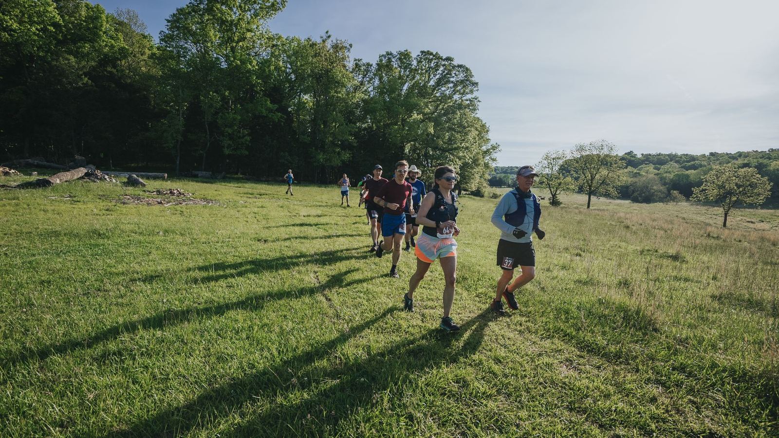 Trail runners crossing an open meadow